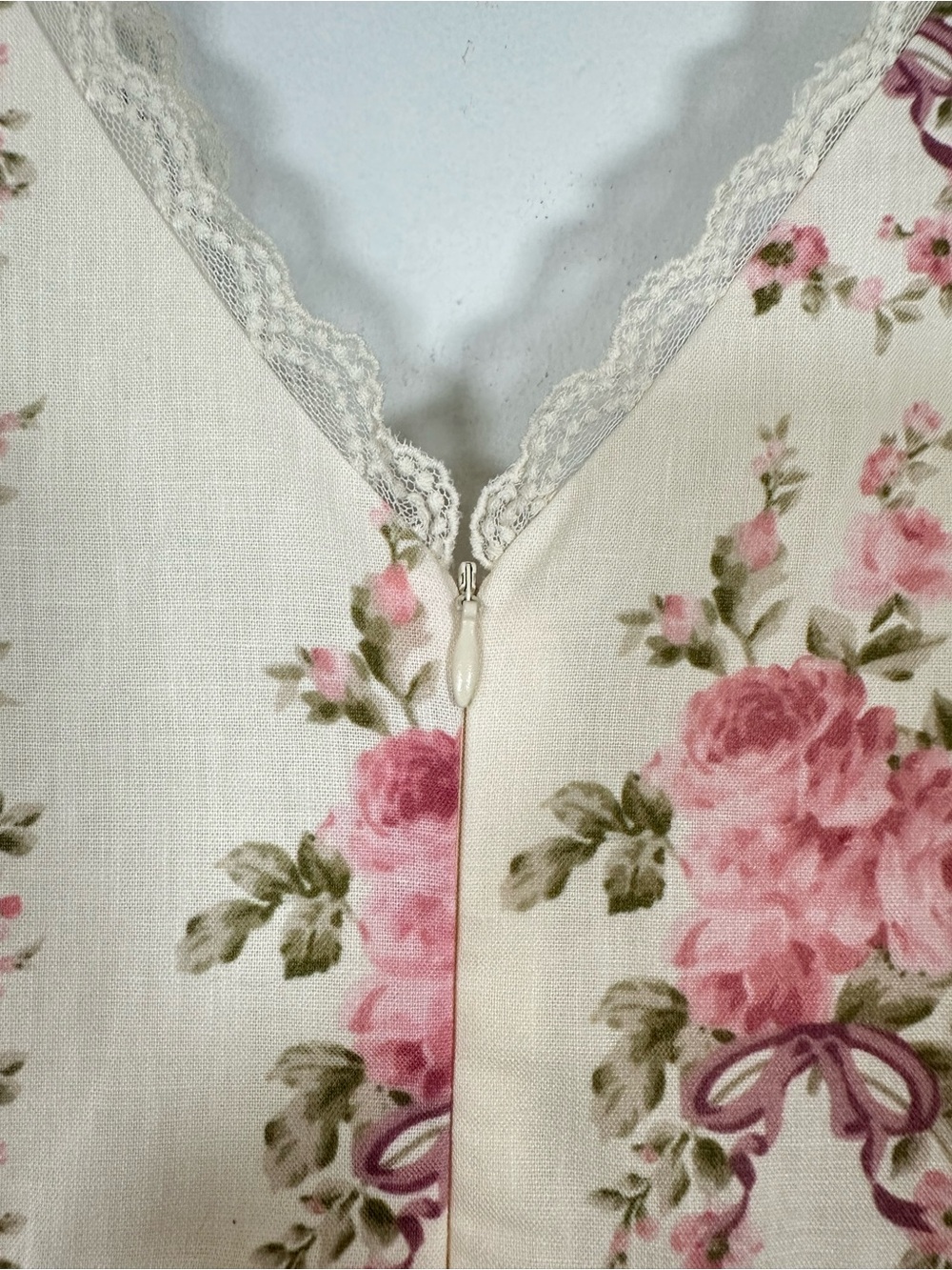 CIDER Floral Lace Trim Tiered Maxi Dress Cream Pink Rose Cottagecore Size L - Picture 4 of 11